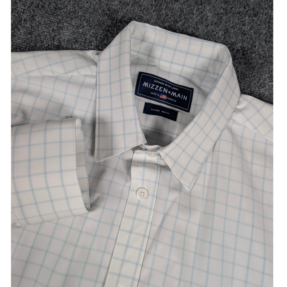 Mizzen+Main Dress Shirt Mens XL White Blue Leeward Blue Label Trim Fit Check